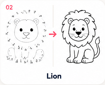 Lion dot-to-dot puzzle — numbered dots on the left join up into the finished lion picture on the right